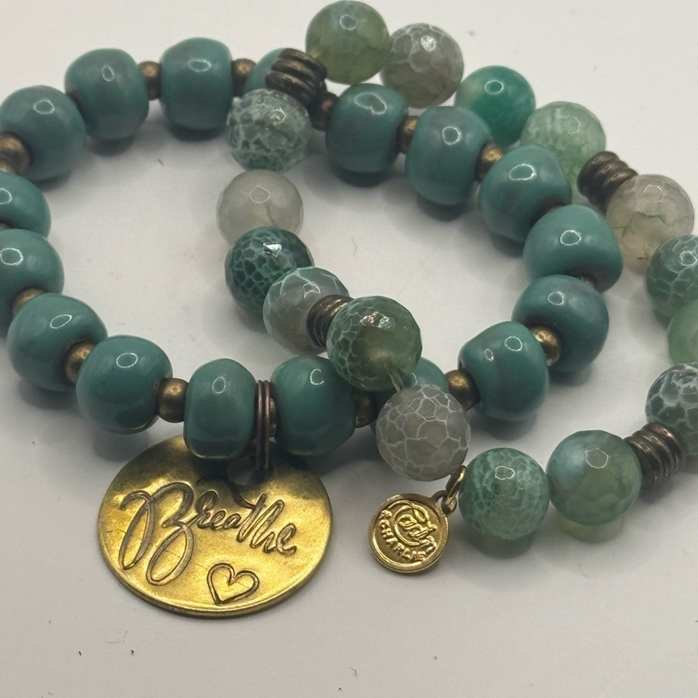 Green turquoise Beaded Bracelet Set with Gold Accents